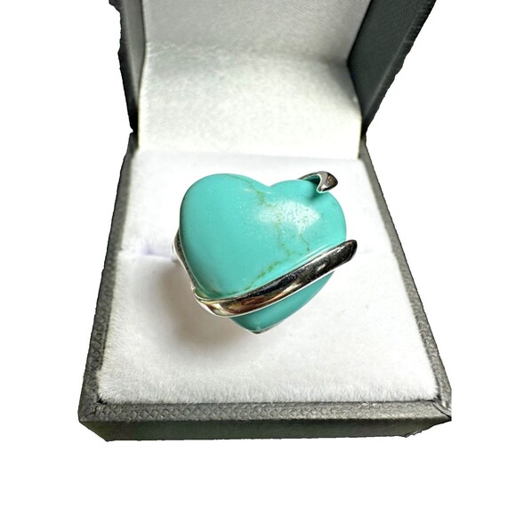 Vintage Mexican Sterling Silver Turquoise Heart Ring | Size 7 - Picture 2 of 5